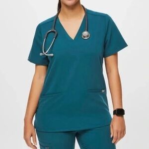 Figs Teal Short Sleeve V-Neck Tee